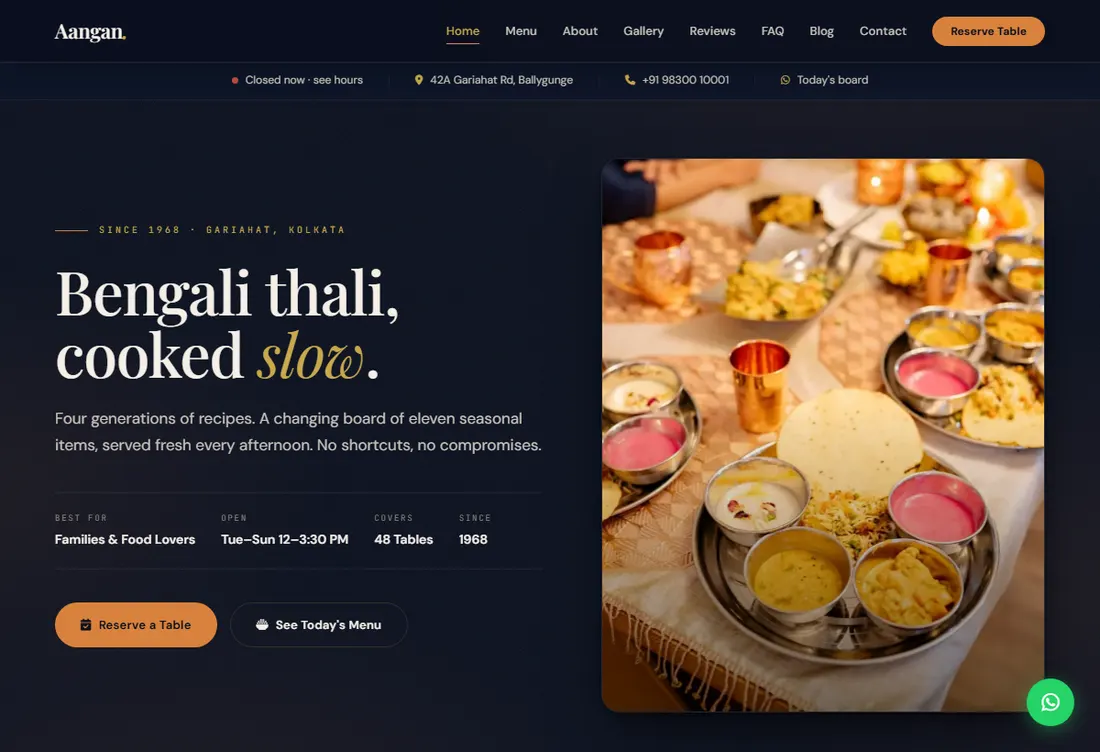 The Aangan Thali House template on netloom.in — a restaurant home page with its menu, hours and a Reserve a Table button